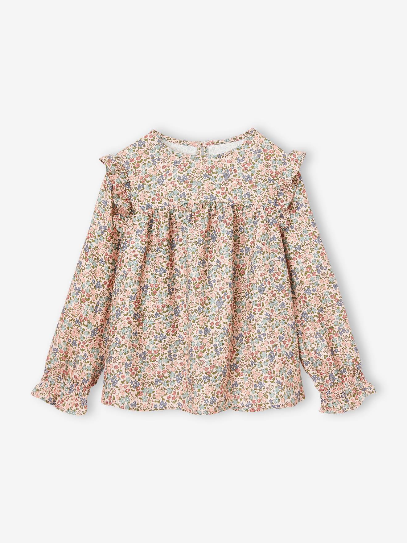 Blusa de manga comprida com flores, para meninas, azul escuro