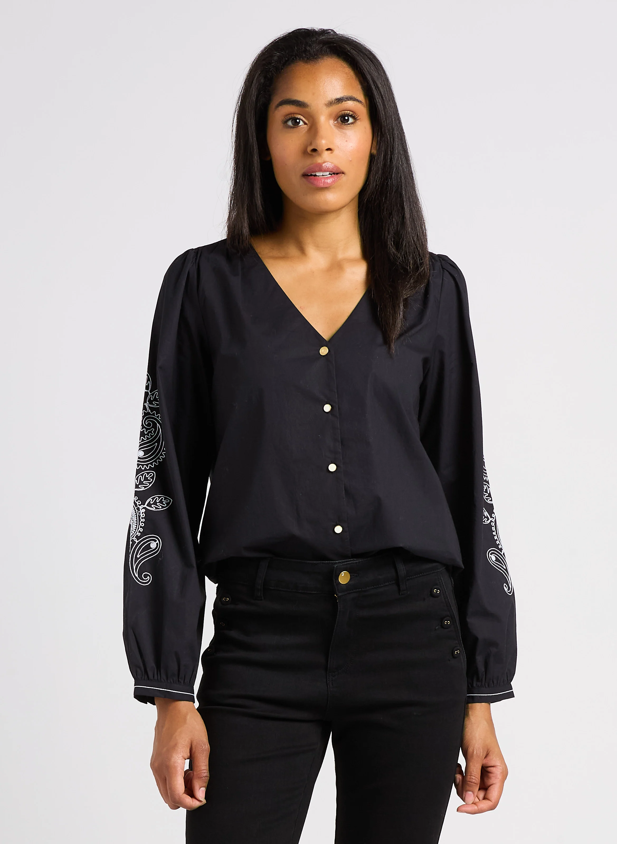 Chemise droite col V en coton | Noir