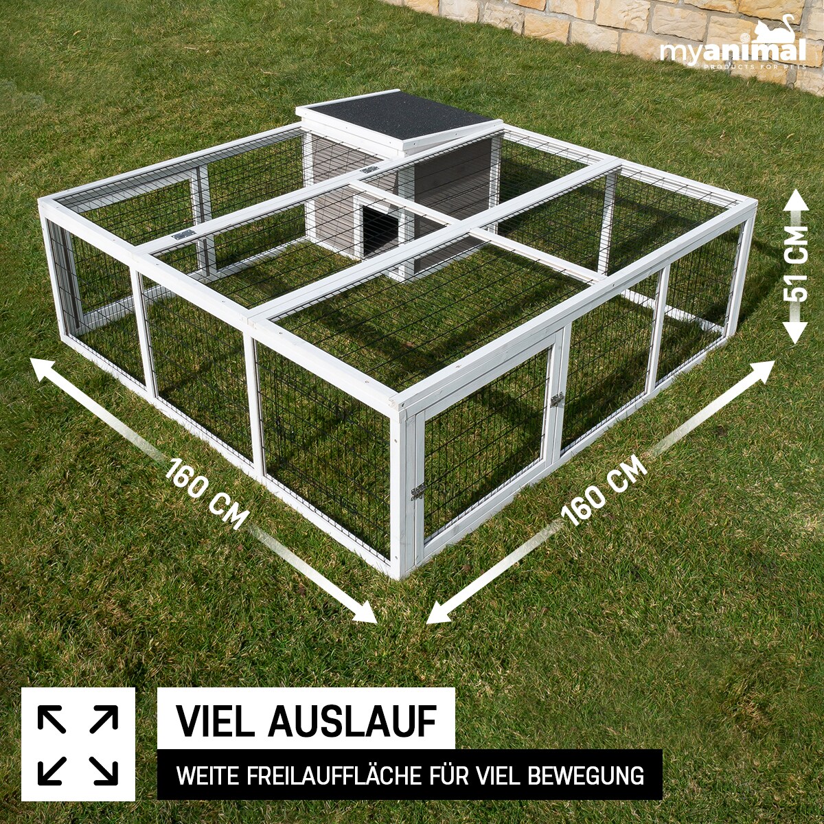 MyAnimal Hasenstall MH-08 Freilaufgehege, Kaninchenstall mit Haus, 3 Außentüren, verzinkter Draht