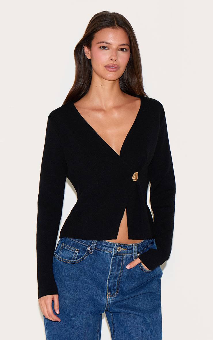 Noir Cardigan Asymétrique En Maille Compacte