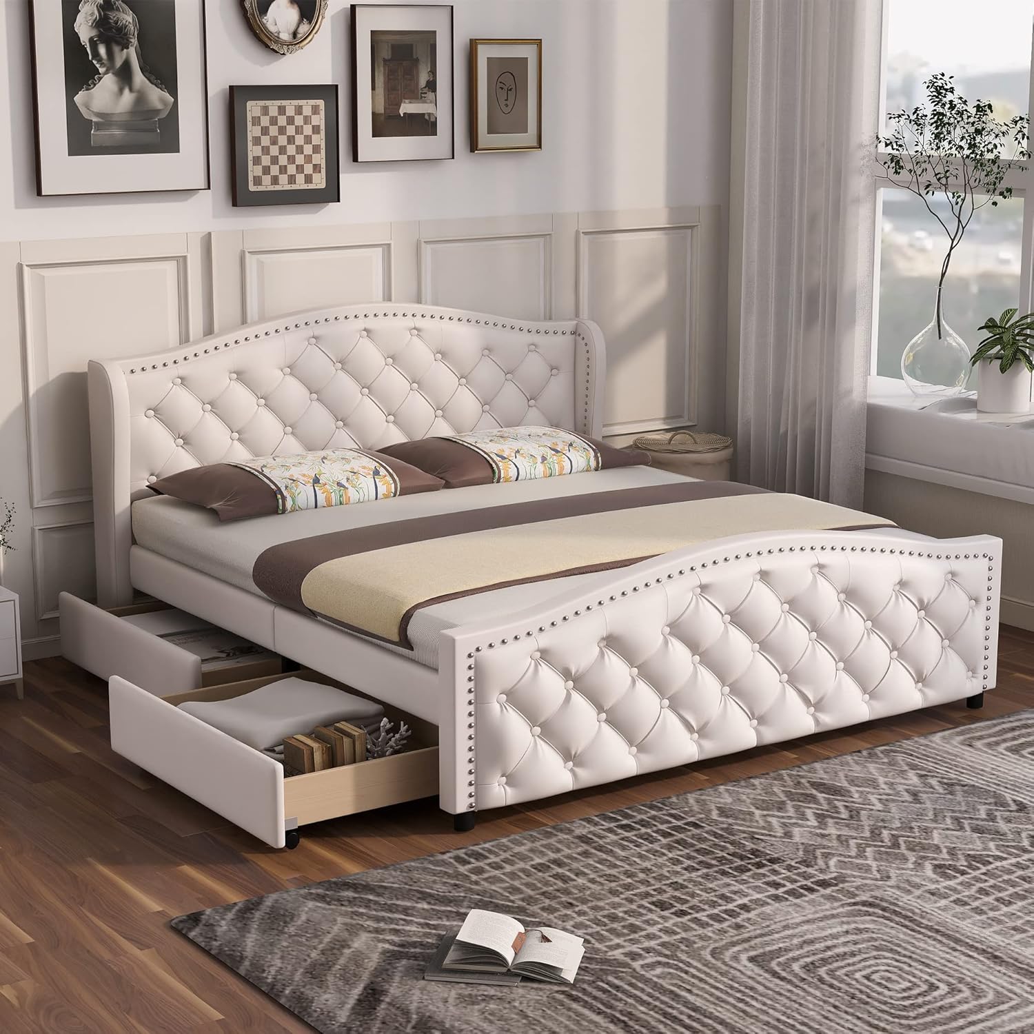 Kayan Polsterbett 140 x 200 cm - Bett mit Lattenrost, 2 Schubladen und Kopfteil mit Zugpunktnieten – Holz & Kunstleder - Weiß – Jugendbett Gästebett