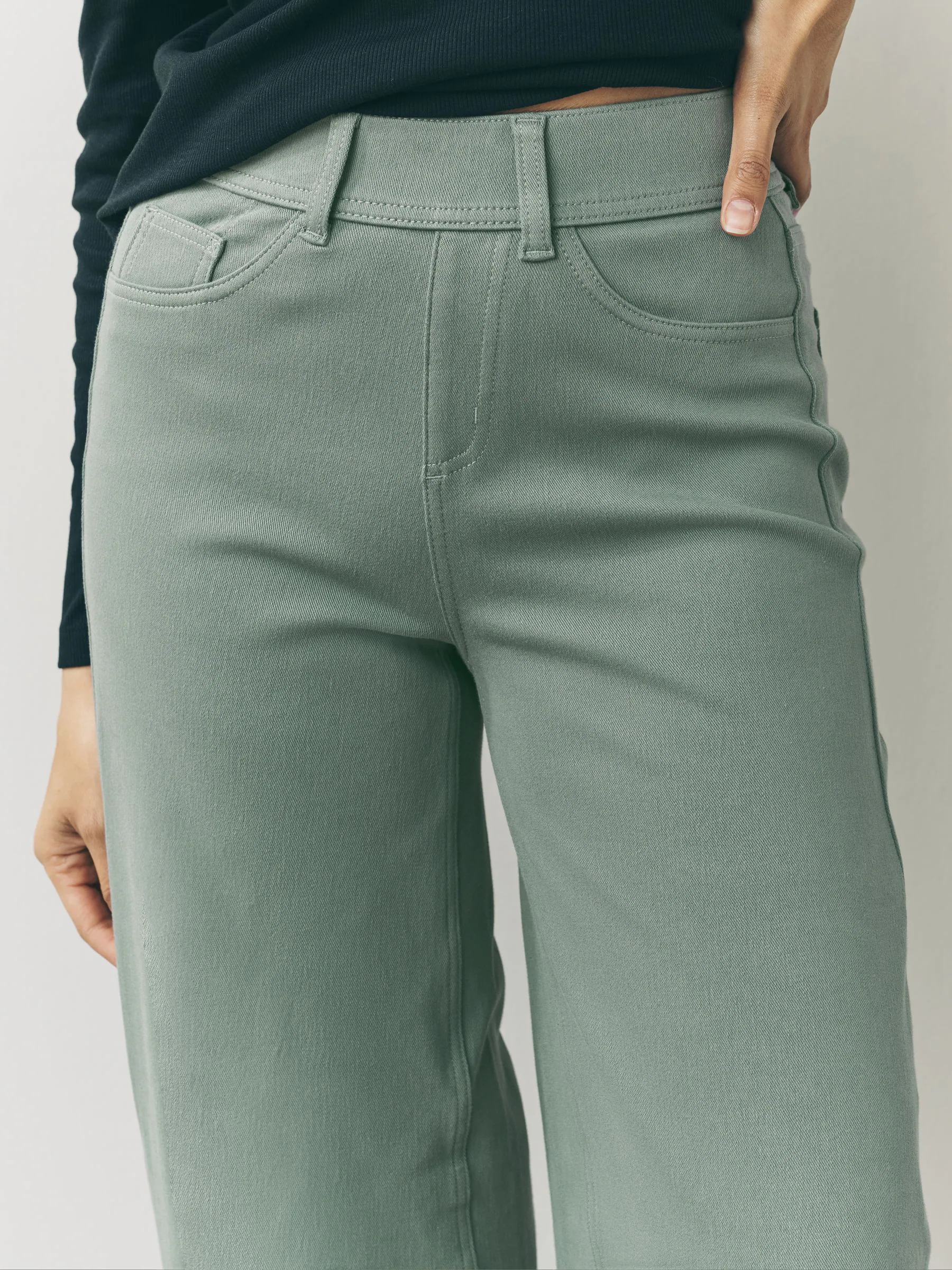 Grijs-groen - Jersey denim broek met wijde pijpen