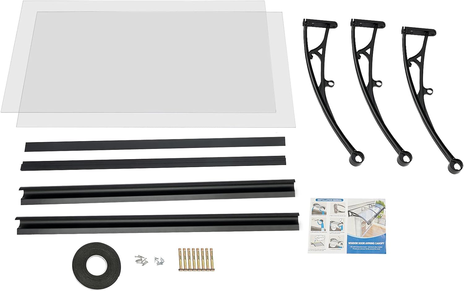Vordach für Haustür 200x60 cm, Überdachung Haustürvordach, Polycarbonat Überdachung, Aluminiumlegierung Halterung, UV-Schutz, Regenschutz, Schneeschutz (Transparentes Überdachung + Schwarze Halterung)