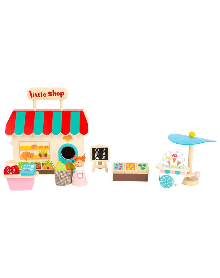 Puppen-Einkaufsladen LITTLE SHOP im Koffer 15-teilig aus Holz