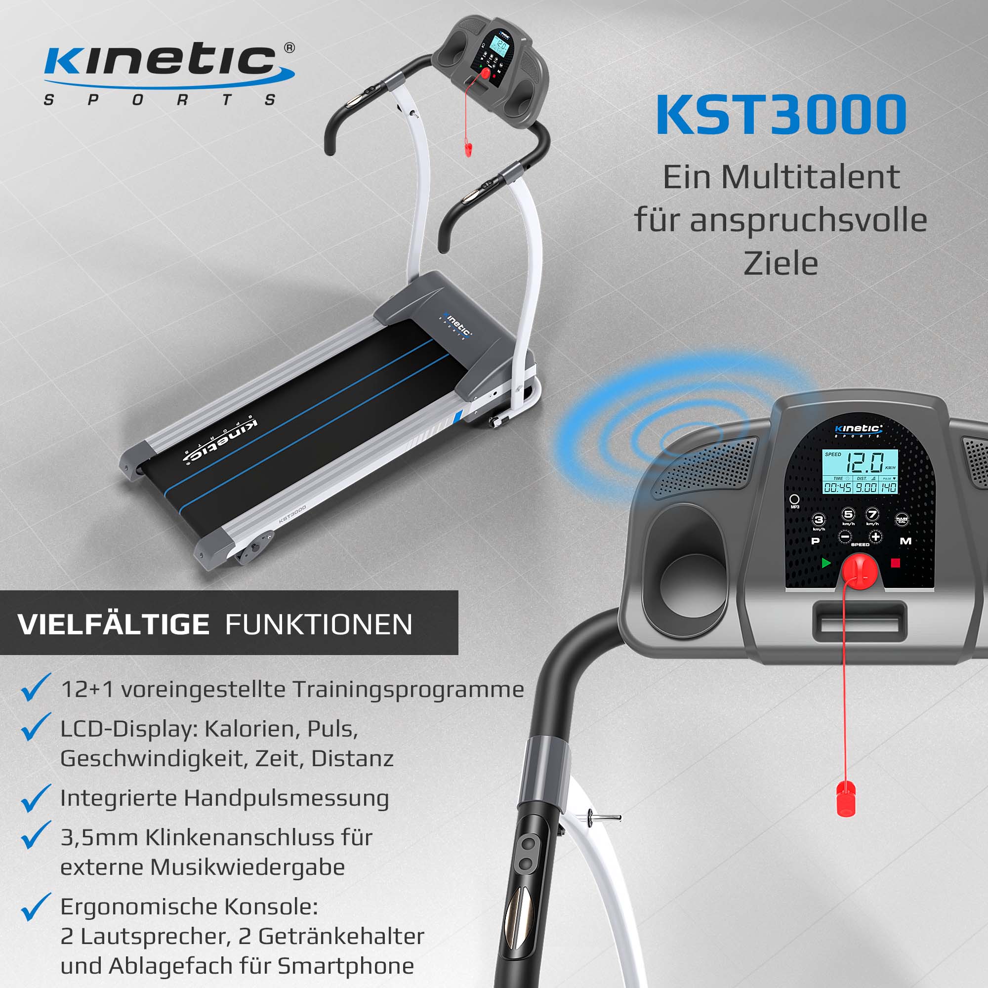 KINETIC SPORTS Pro Laufband klappbar KST3000 mit großer Lauffläche - 1100W Motor, 12 Programme, Steigung für Geh- und Lauftraining, integrierte Lautsprecher, bis 12 km/h