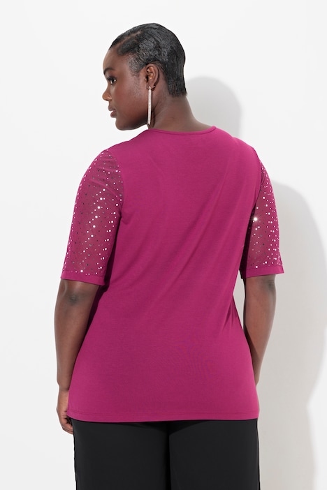 T-Shirt, Classic Fit, Mesh mit Pailletten, Jersey-Unterlage