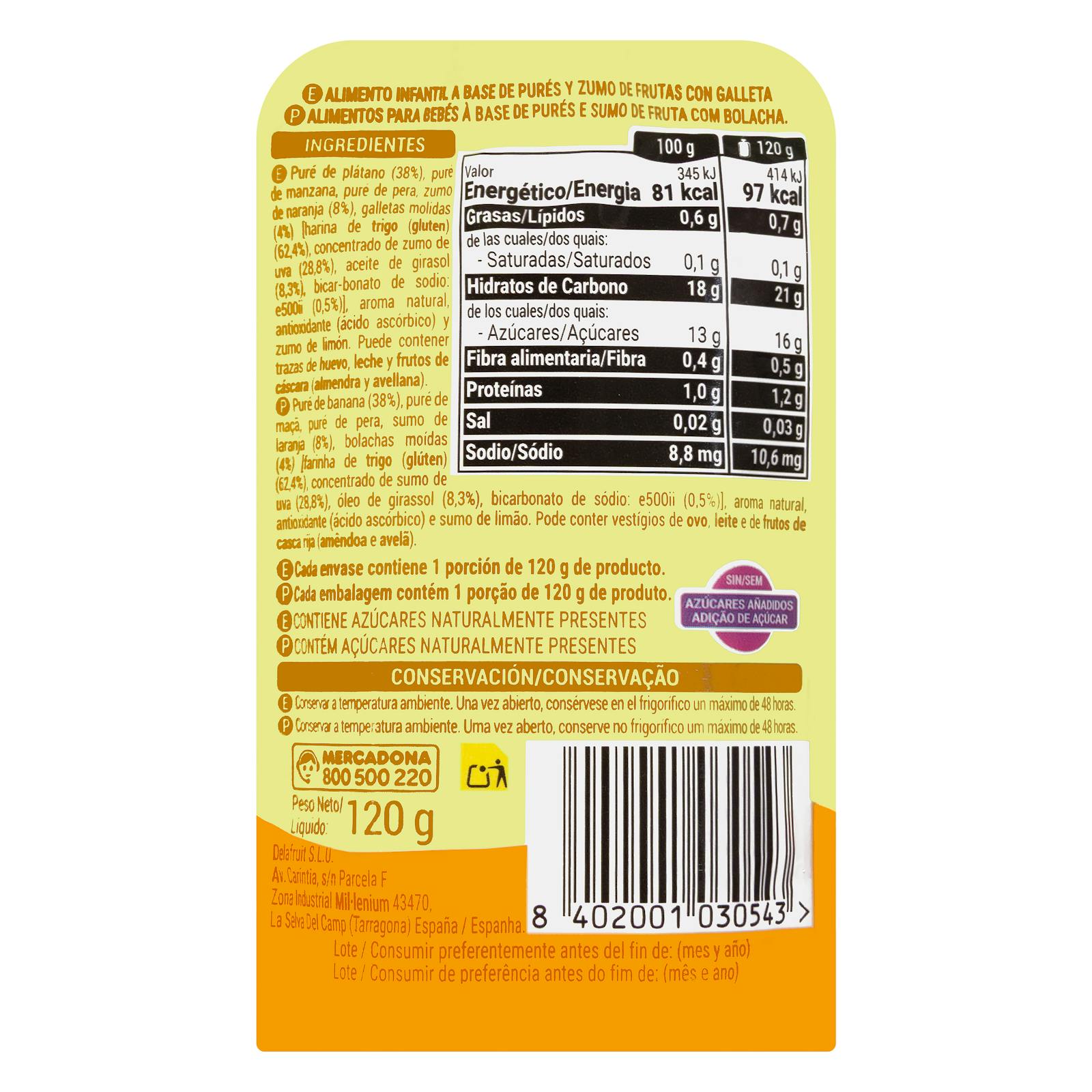 Bouillie de fruits mélangés avec biscuit Hacendado +6 mois