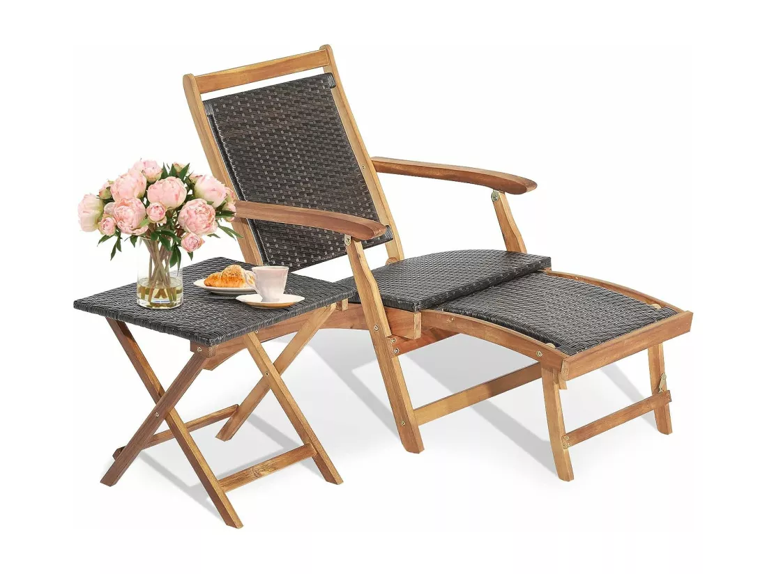Chaise Longue en Rotin avec Table d'Appoint, Fibre naturelle et Bois d'Acacia Certifié FSC avec Repose-Pied Rétractable et Accoudoirs Charge 160KG, Bain de Soleil avec Table d'Appoint Carré Pliable Extérieur