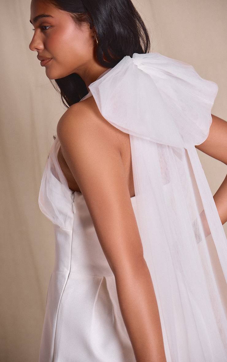 Blanc Robe Patineuse Premium En Organza Avec Nœud Détail Bustier