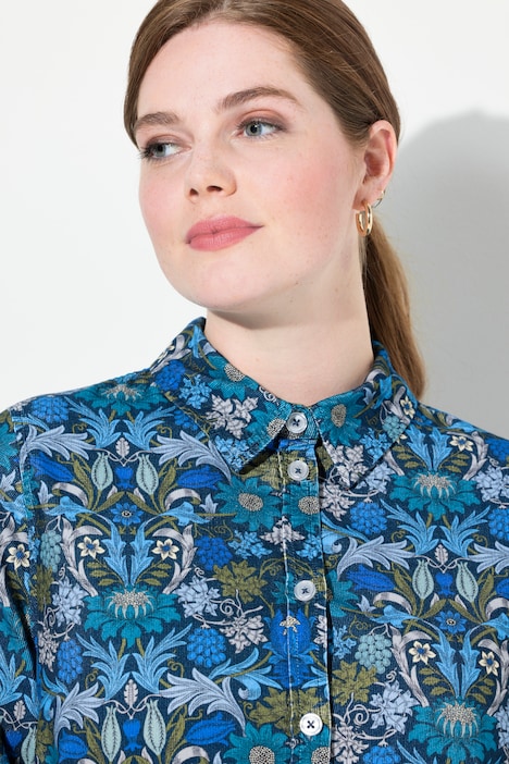 Cordbluse, floraler Druck, Hemdkragen, Langarm