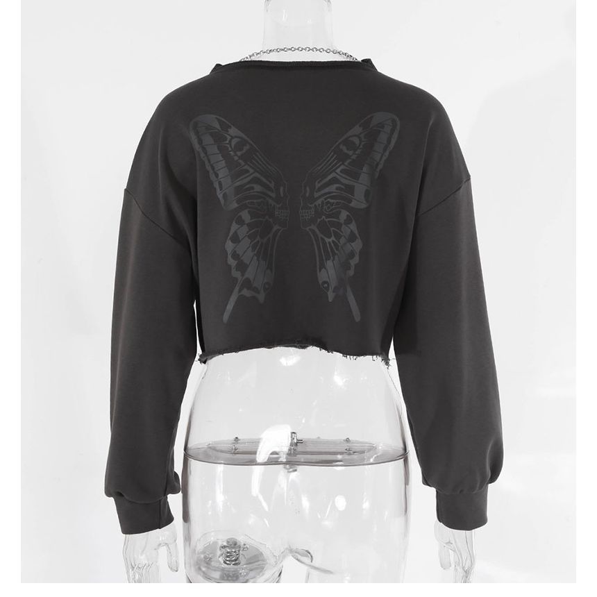 GAGAO - Ronde hals vlinderprint open rug cropped sweatshirt