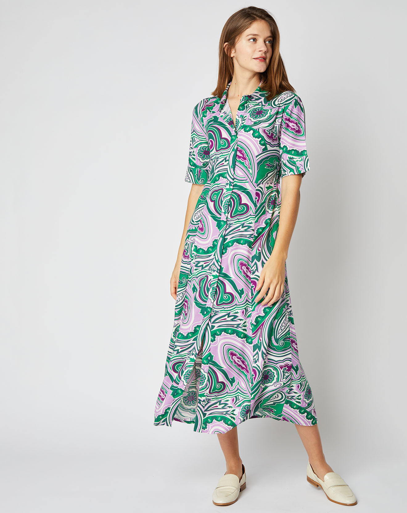 An'ge Robe chemise Elena coupe longue et cintrée à motifs vert/violet