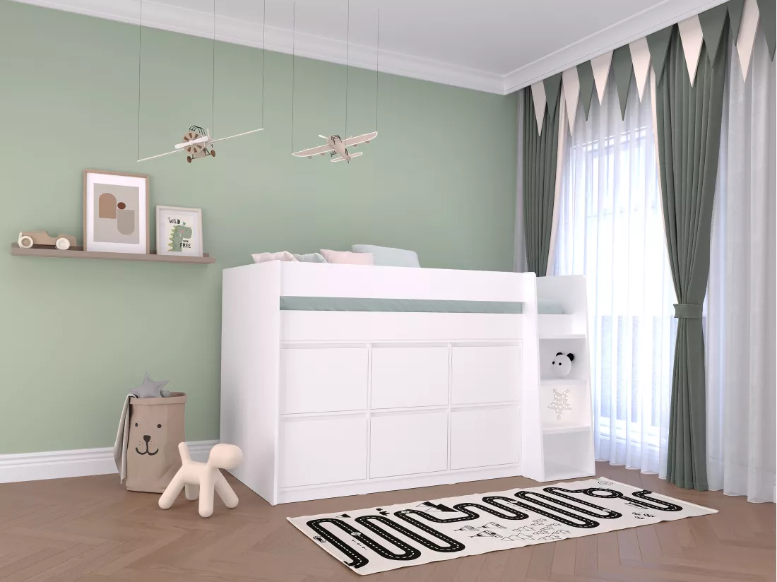 Lit mi-hauteur 90 x 190 cm avec 6 tiroirs - Blanc + Matelas - CAMALETI