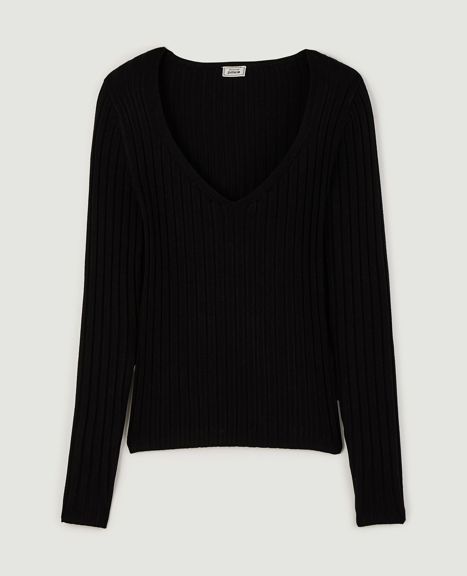 Pull col V en maille côtes plates - Noir