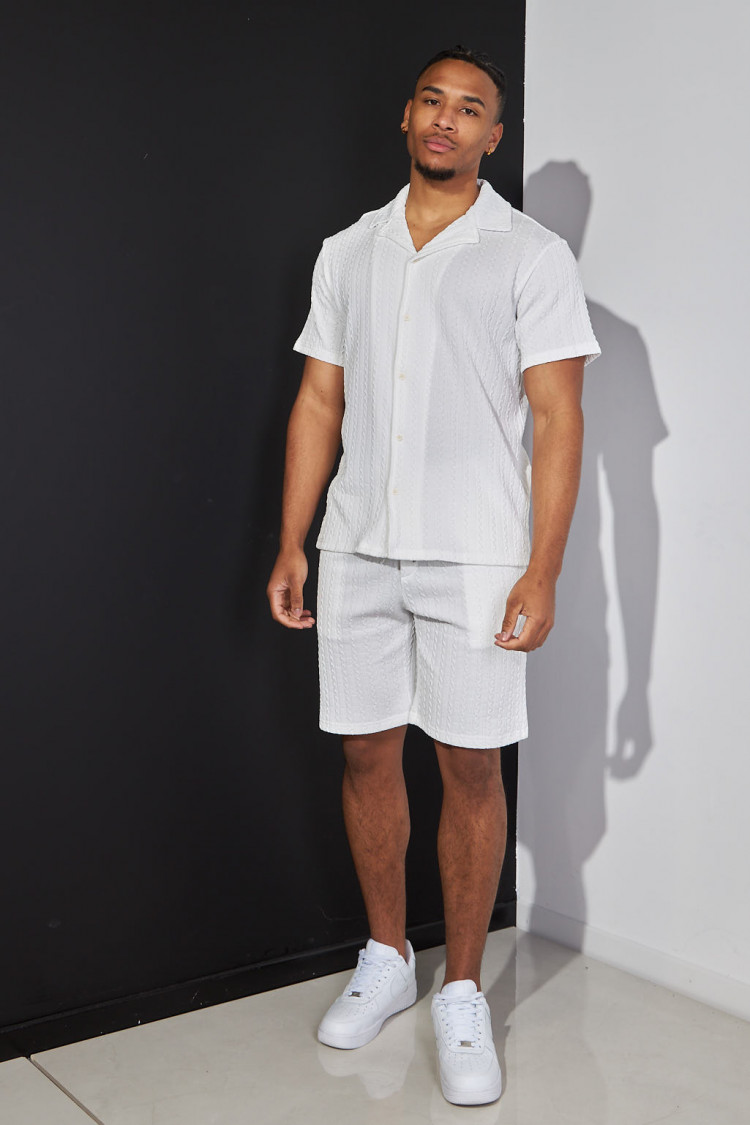 Ensemble 2 pièces chemise + short blanc à motif vague