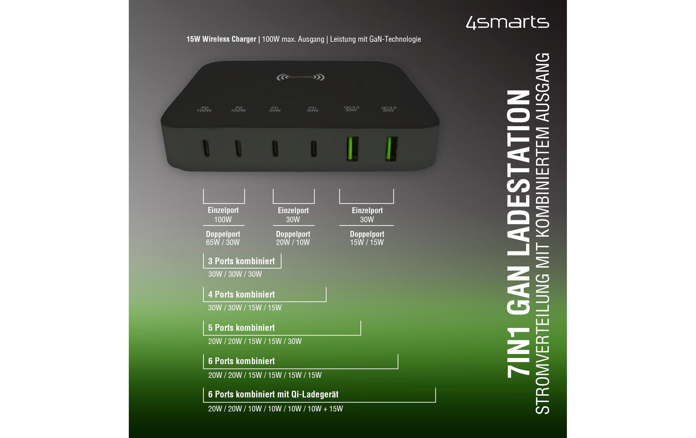 7in1 GaN Ladestation Schwarz7-Port Ladestation mit Schnellladefunktion und integrierter kabelloser Ladefläche