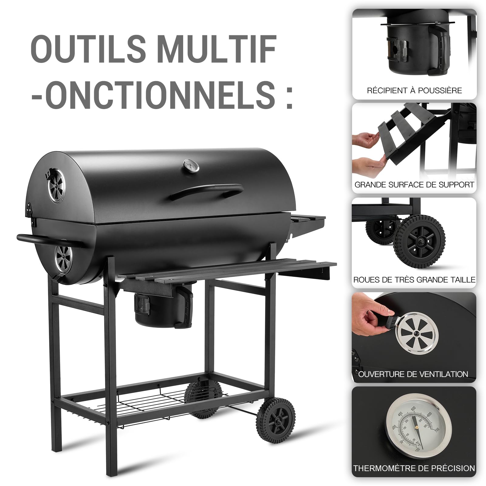 TEENO Barbecue Charbon de Bois,avec Grille de Cuisson XXL,Gants Anti-BrûLures, ThermomèTre,Tiroir à Cendres, éVent RéGlable,Grand Barbecue au Charbon de Bois (Basic)