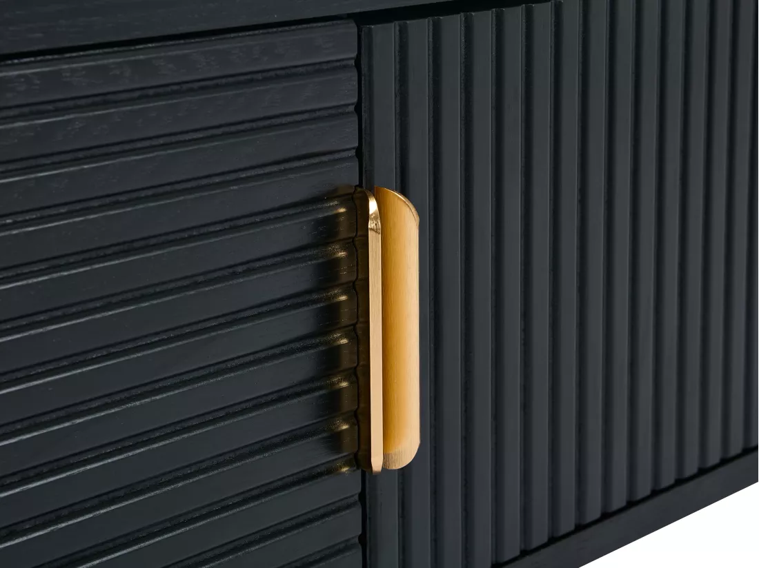 Meuble TV avec 2 portes et 2 niches placage chêne et métal - Noir et Doré - SIRIOLA