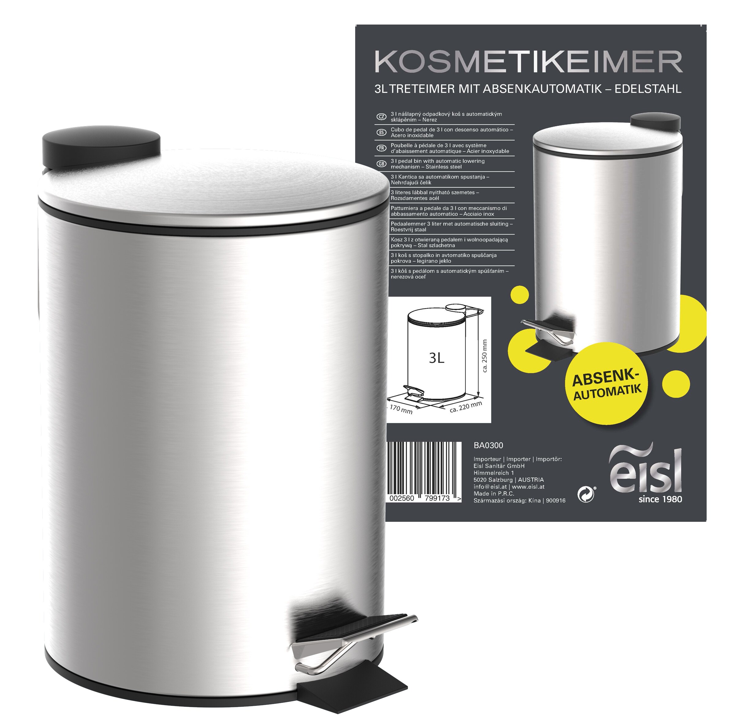 Eisl Kosmetikeimer Bad 3 Liter mit Absenkautomatik Chrom matt