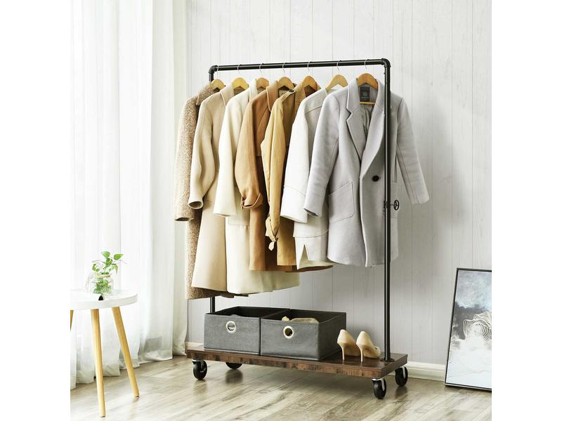 VASAGLE Garderobenständer auf Rollen 162 cm, Braun/Schwarz Garderobe im Wasserrohr-Design