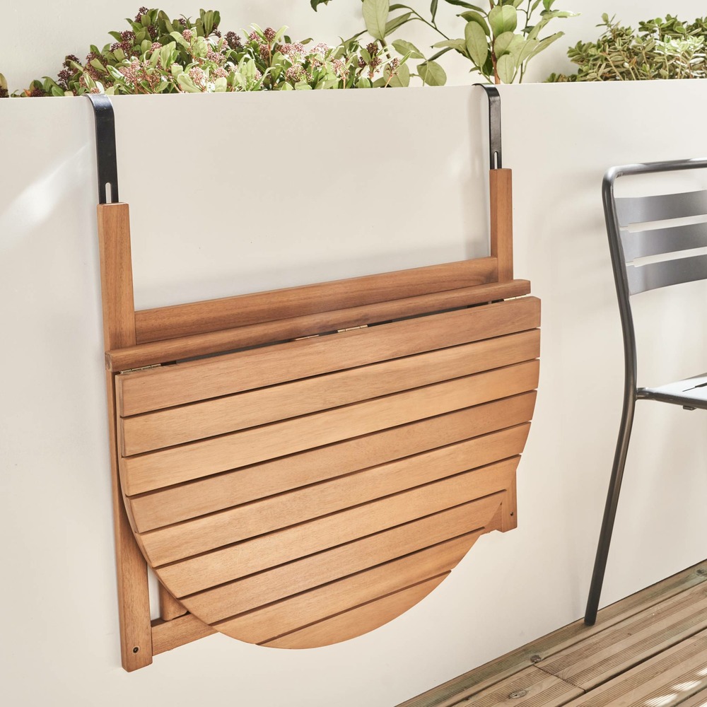 Table d'appoint en bois pour balcon. Semi-arrondie. Rabattable. Hauteur ajustable