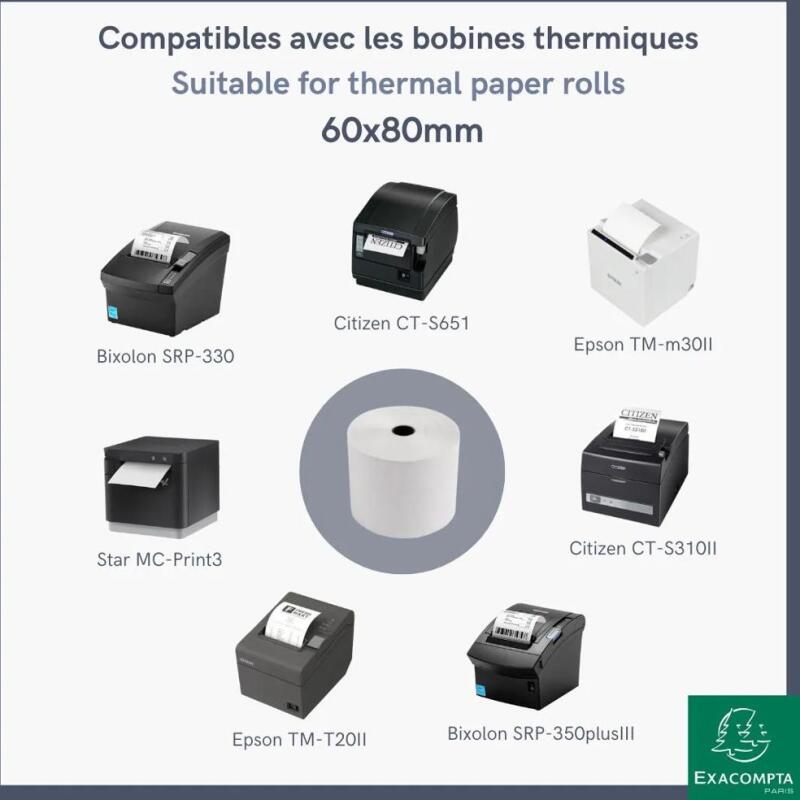 Bobines Caisses Exacompta 40970E - l 60 mm x L 76 m, Ø 80 mm - 1 pli(s) - paquet de 10