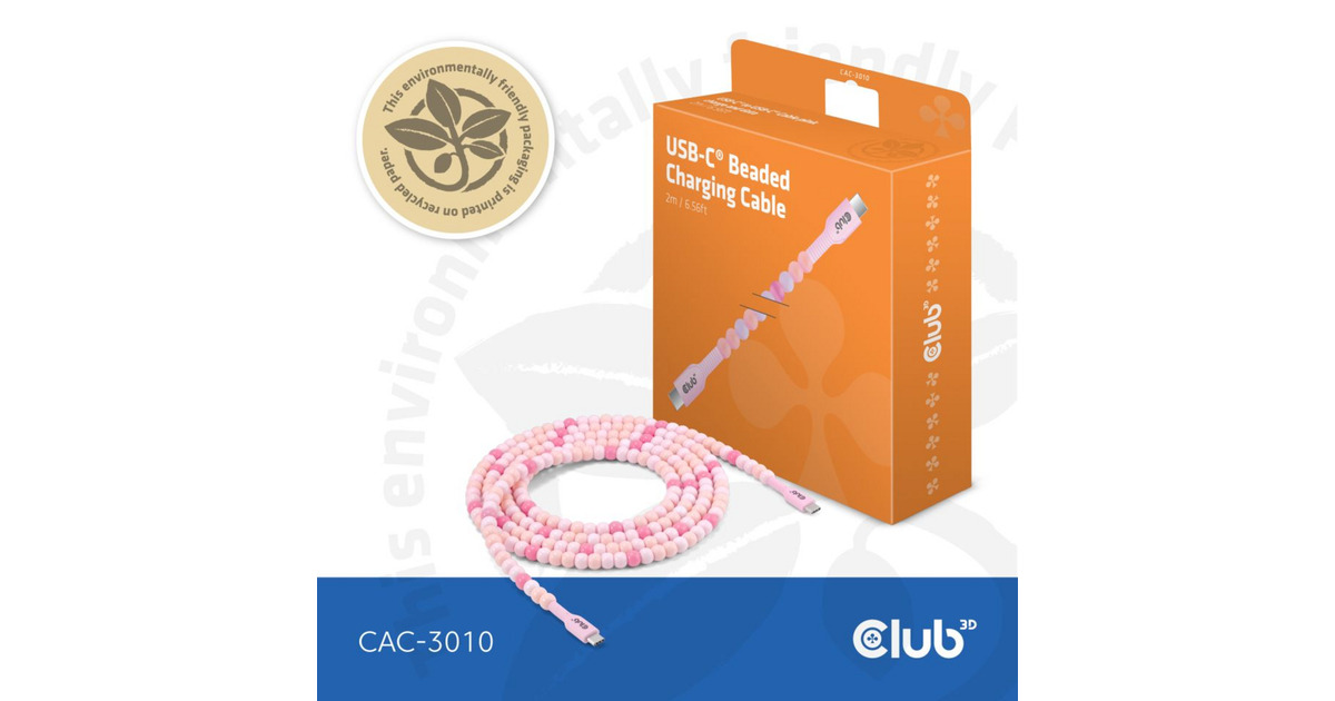 Club 3DUSB-C Beaded Cable Pink, 2 meter kabel  (Roze)