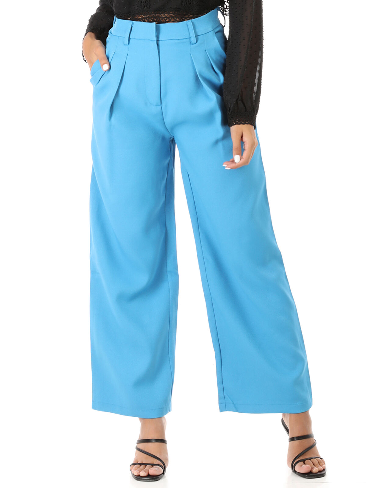 Pantalon palazzo en crêpe taille haute- Bleu