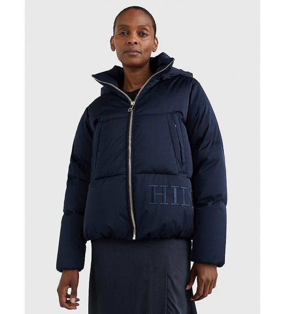 Casaco com capuz Tommy Hilfiger Plumn Sateen Down, azul marinho