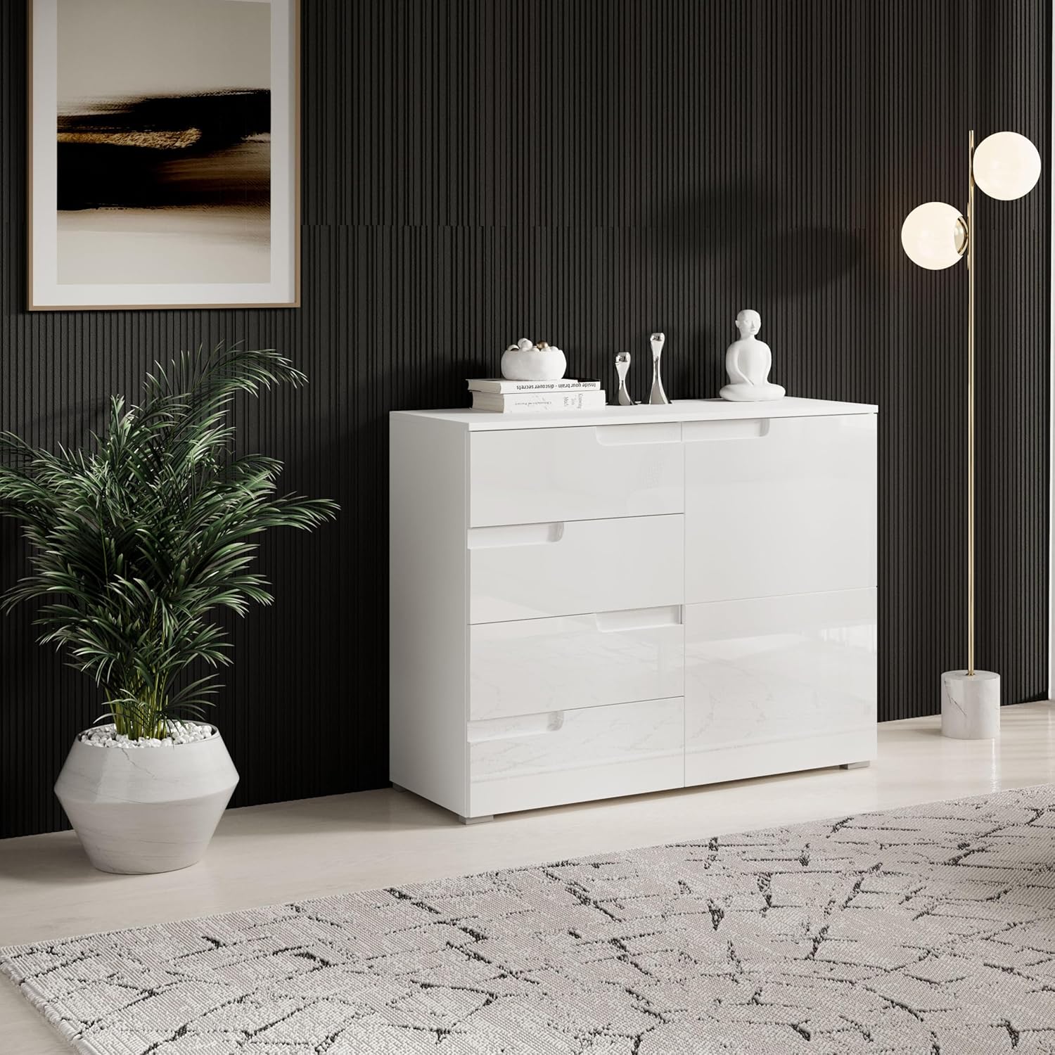 Stella Trading Kommode in Hochglanz Weiß - Modernes Sideboard mit viel Stauraum für Ihren Wohnbereich - 100 x 80 x 40 cm (B/H/T)