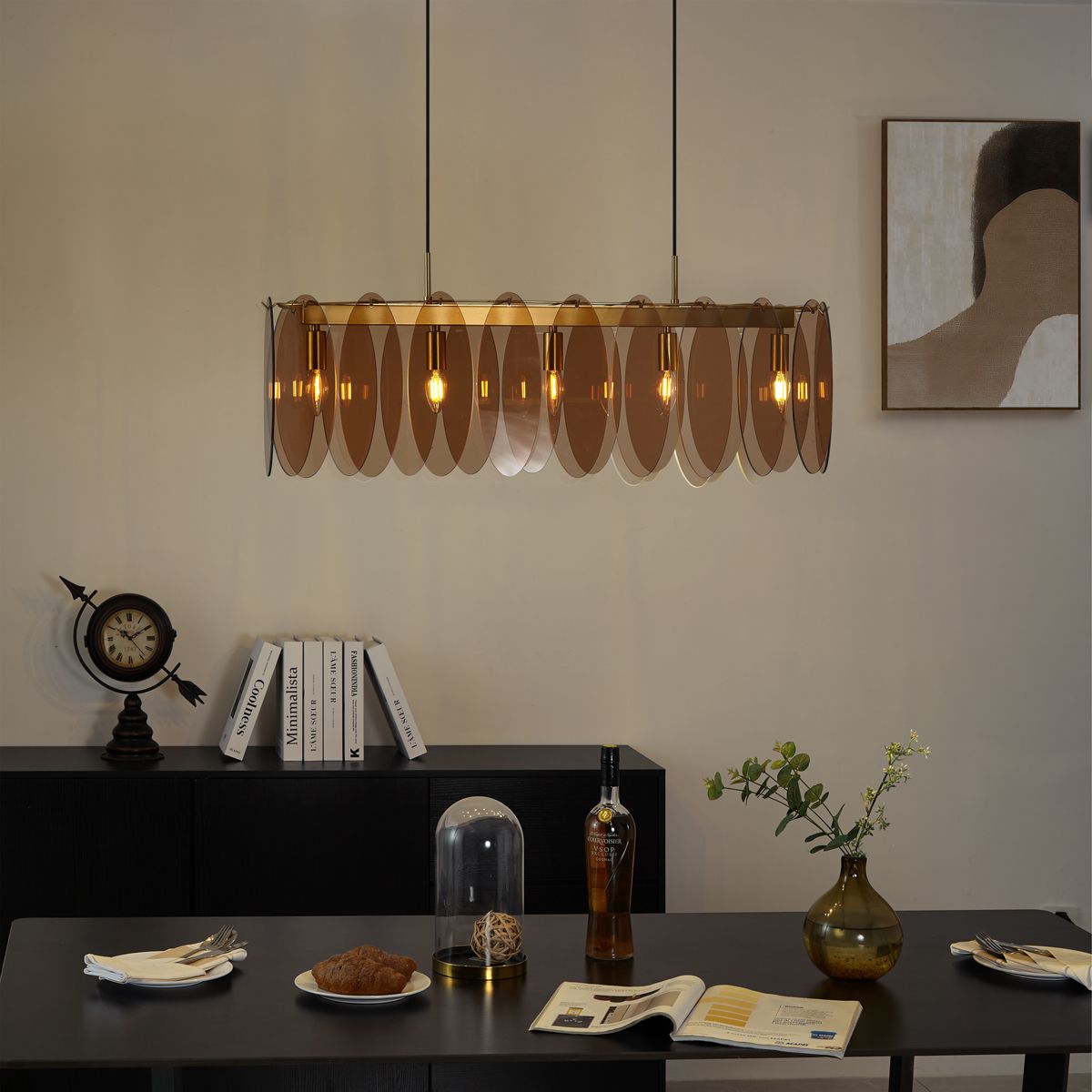 Art Deco hanglamp goud met amber glas ovaal 5-lichts - Mochan