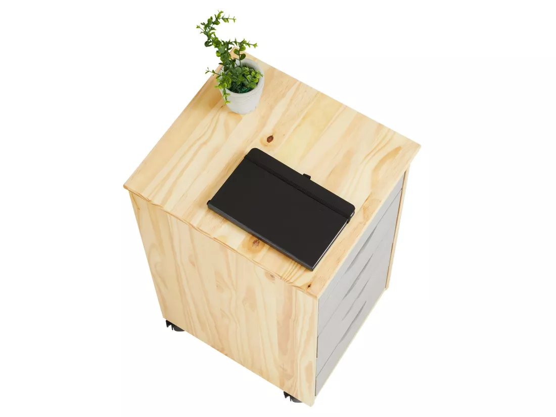 Caisson de bureau LAGOS meuble de rangement sur roulettes avec 5 tiroirs, en pin massif finition vernis naturel et lasuré gris