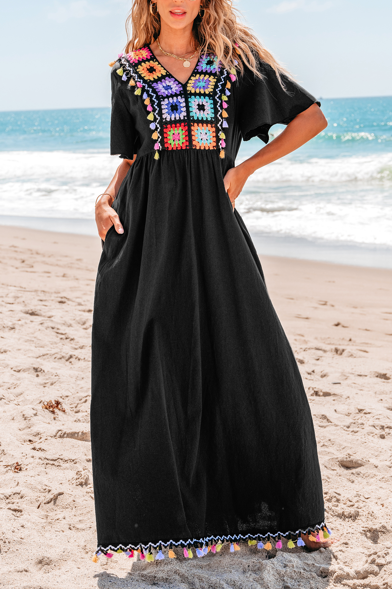 Robe maxi en pur coton et crochet à carré coloré