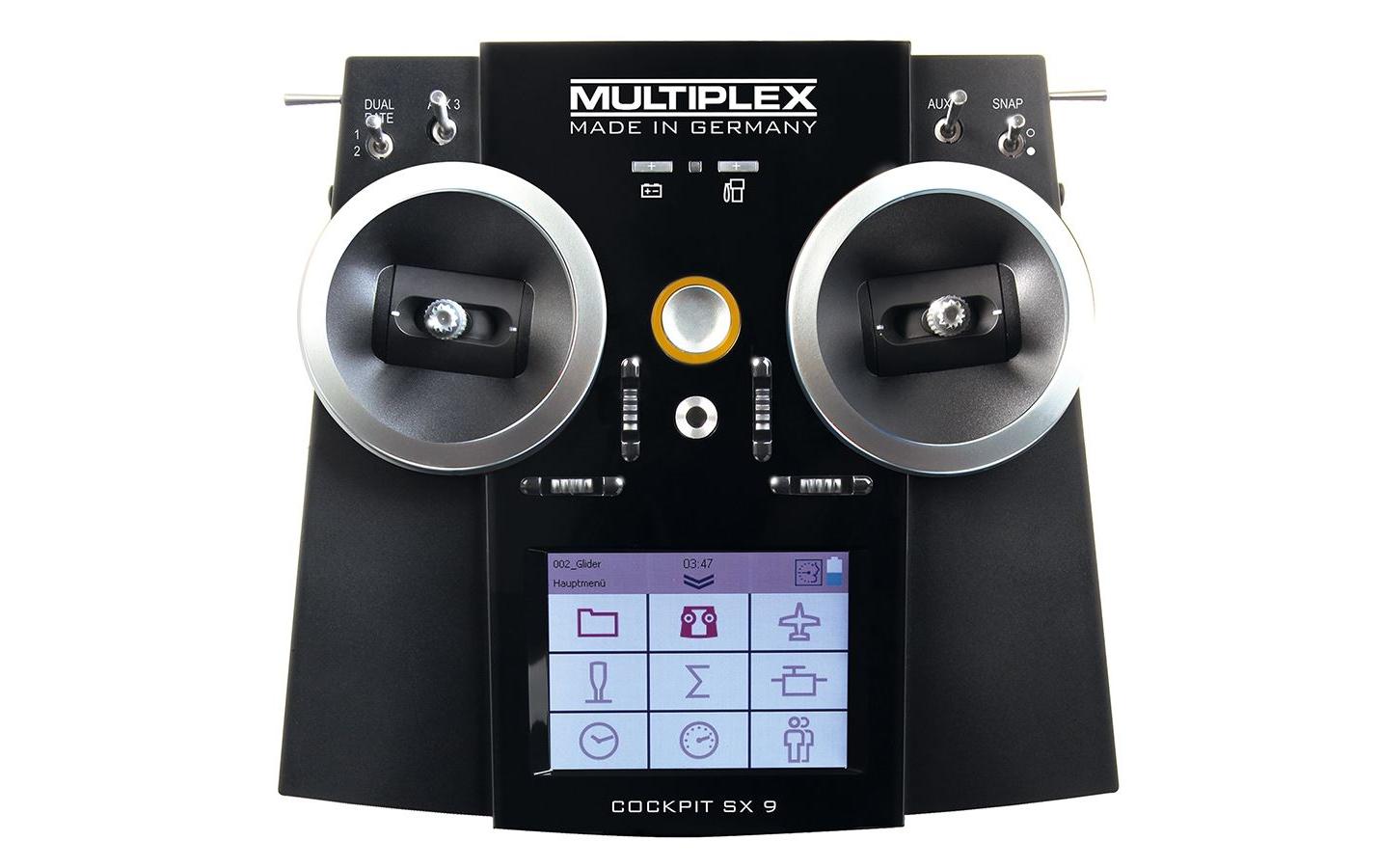 Fernsteuerung Cockpit SX 9 M-Link mit RX-9-DR Empfänger<br>M-Link 9-Kanal Sender der oberen Mittelkasse mit Telemetrie
