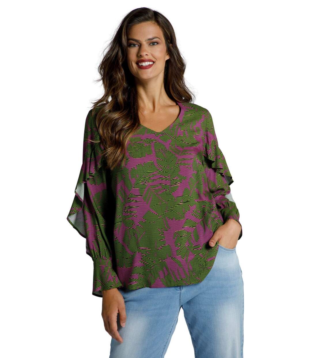 ULLA POPKEN Blouse, feuillage jungle, encolure V, manches longues kaki doré