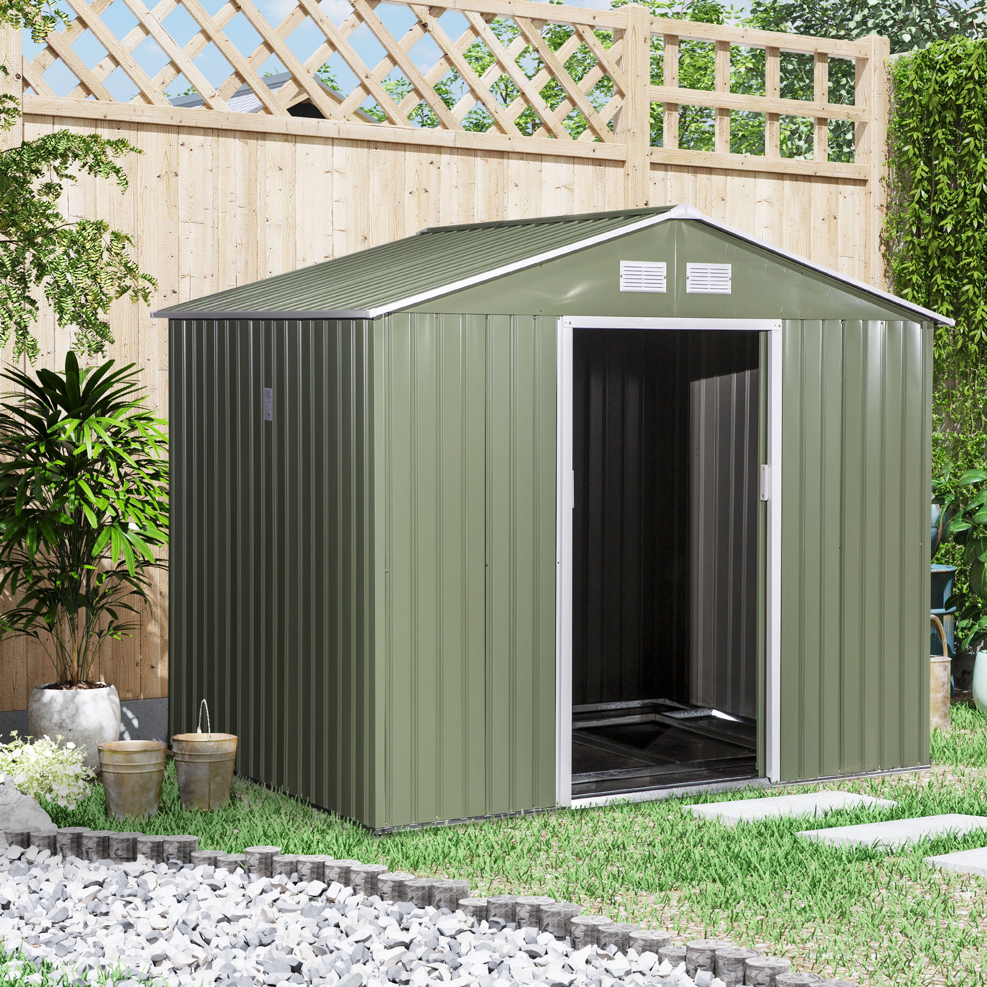 Casinha de jardim metálica Outsunny para armazenamento de ferramentas com base incluída.
