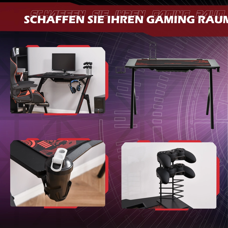 HOMCOM Gamingtisch mit Headset-Haken und Getränkehalter rot, schwarz
