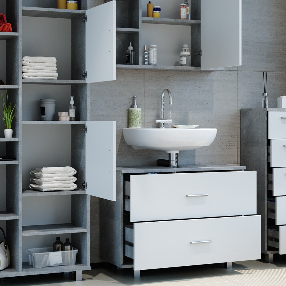 VICCO Badmöbel Set ILIAS Weiß Beton Spiegel Kommode Unterschrank Badschrank