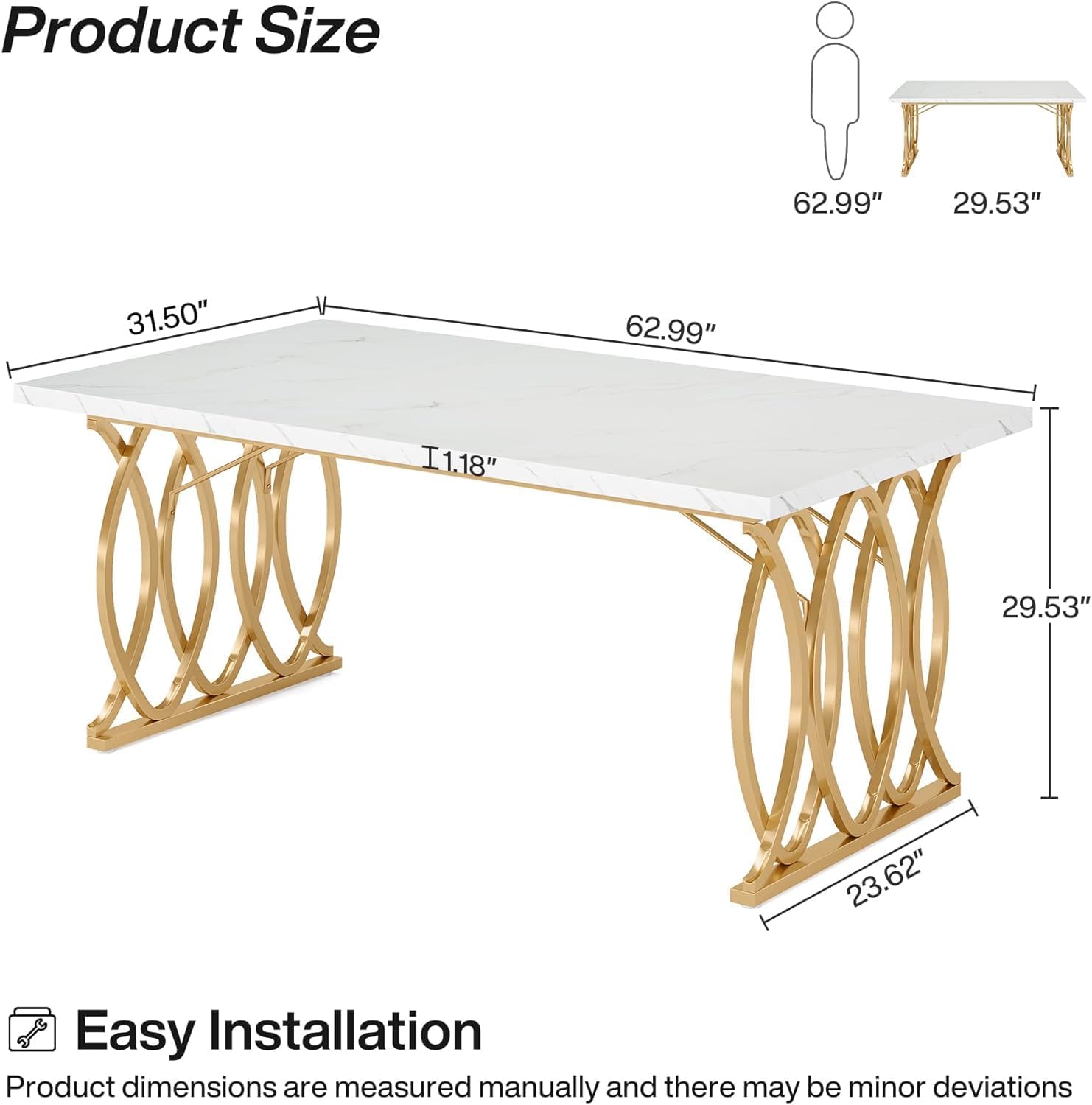 Tribesigns Moderner Esstisch für 6 Personen, Tisch Wohnzimmer, 160 x 80 x 75 cm, Rechteckig, Küchentisch, Esstisch für Esszimmer und Küche, Wohnzimmer, Moderner-Design, Weiß und Gold