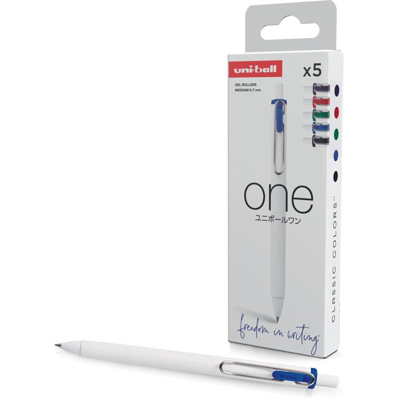 Stylo roller Uni Ball One écriture moyenne - Pochette de 5 couleurs classiques