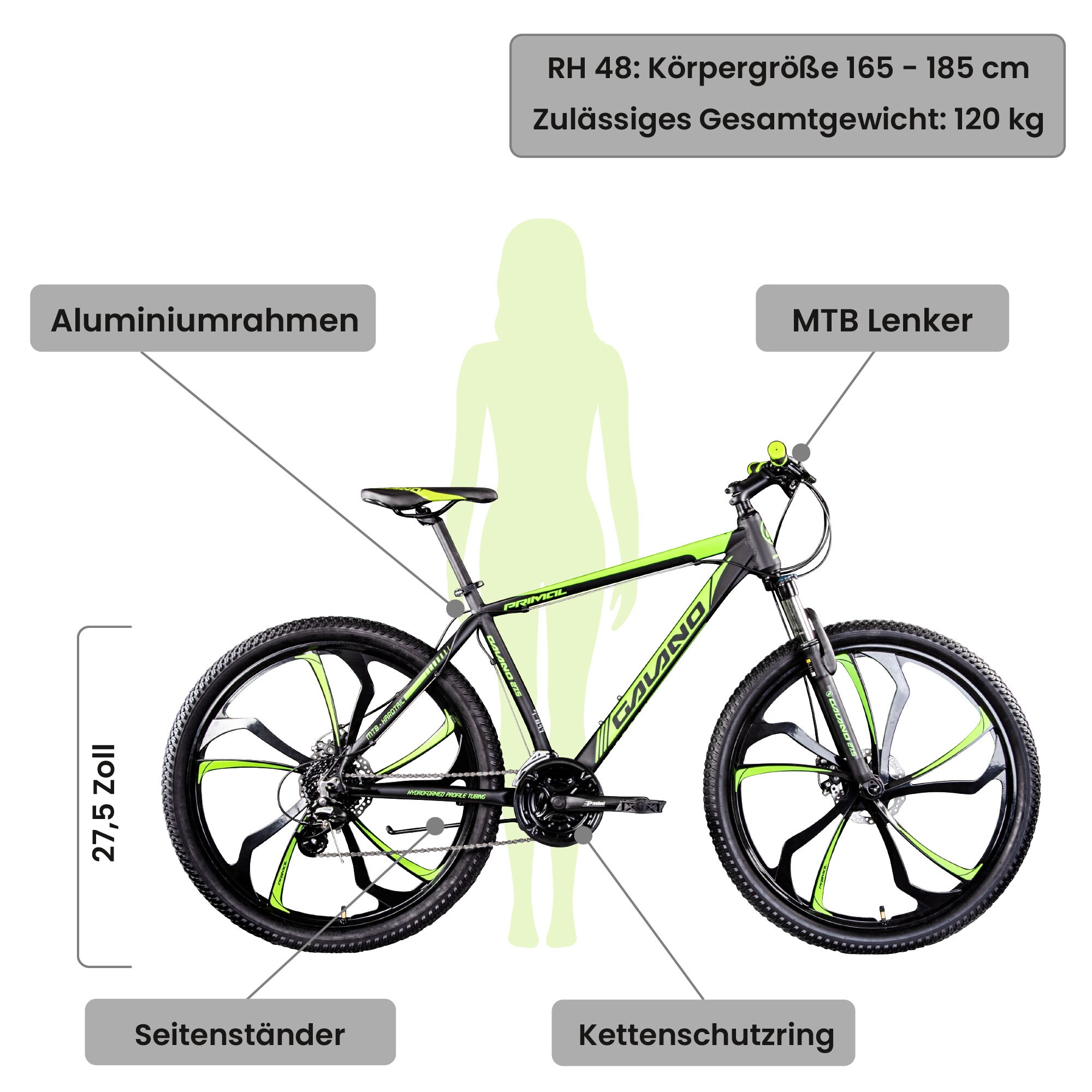 Galano Primal Mountainbike 27,5 Zoll für Jugendliche und Erwachsene 165 - 185 cm MTB Hardtail Fahrrad