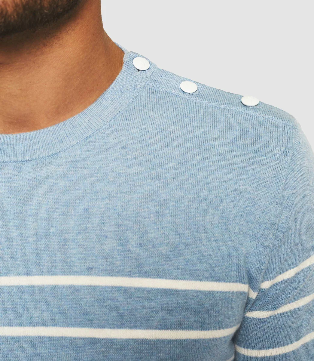 Pull col rond bleu ciel et écru 