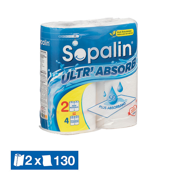 Sopalin Esuie-tout Ultr'Absorb maxi rouleaux de 130 feuilles gaufrées blanches - lot de 2