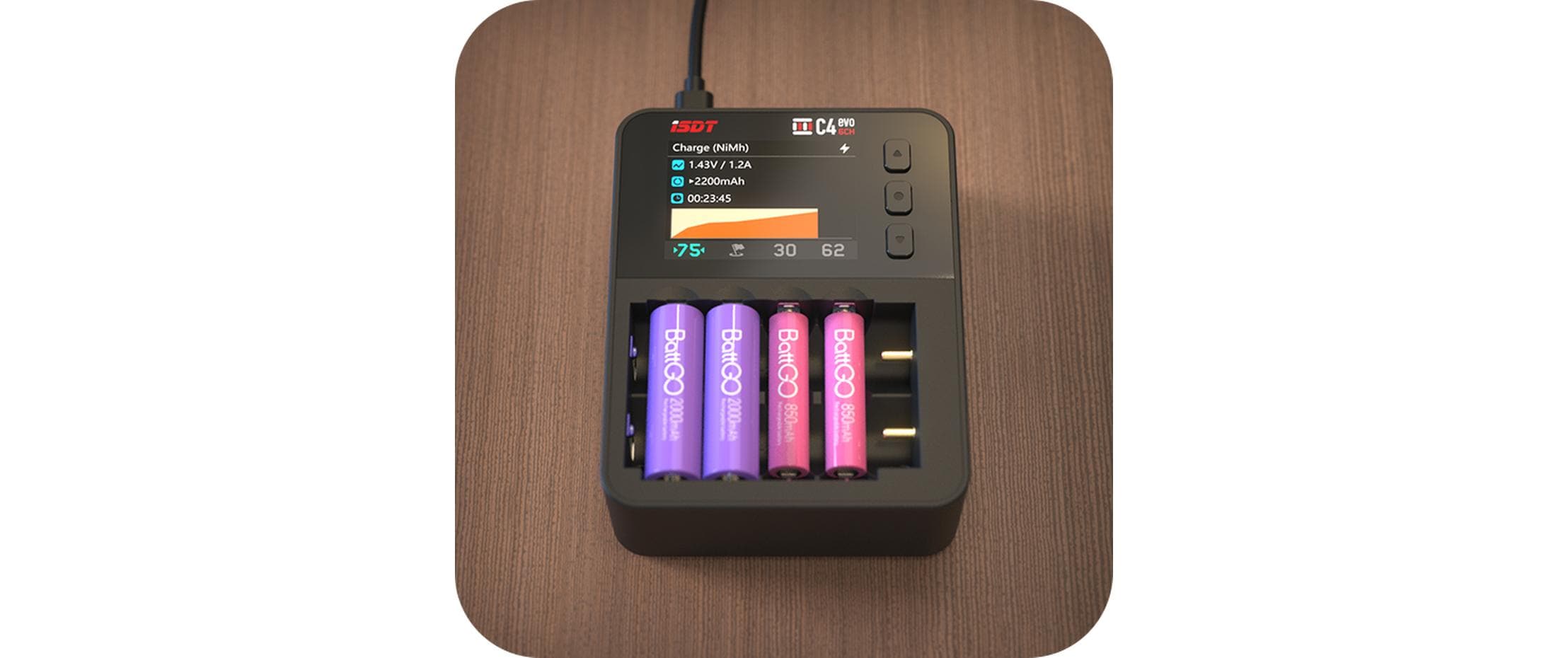 Ladegerät C4 EVO Smart Charger USB-CLadegerät für Li-Ion, Li-fe, NiMH und NiZn Rundzellen wie 18650, AA, AAA und viele mehr