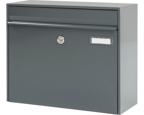 MEFA brievenbus, gepoedercoat staal, BxHxD 385/310/137 mm, Vals 101, basaltgrijs RAL 7012, zijdemat, frontale toegang met klep, naamplaatje