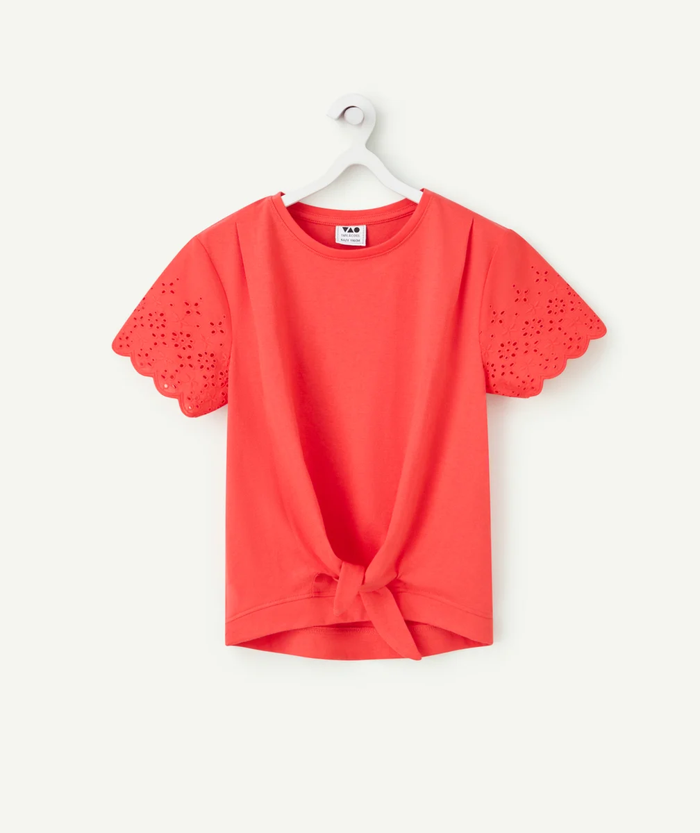 T-SHIRT FILLE EN COTON BIO ROUGE AVEC MANCHES BRODÉES