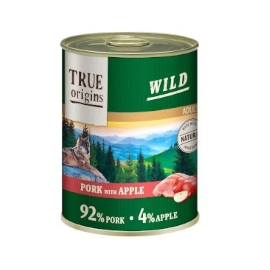 Lata de 400g de carne de porco selvagem e maçã True Origins para cães adultos
