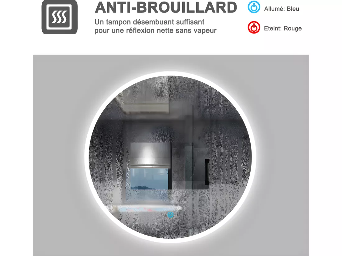 Miroir de salle de bain rond avec LED, anti-buée Miroir mural à simple contact-60cm Aica