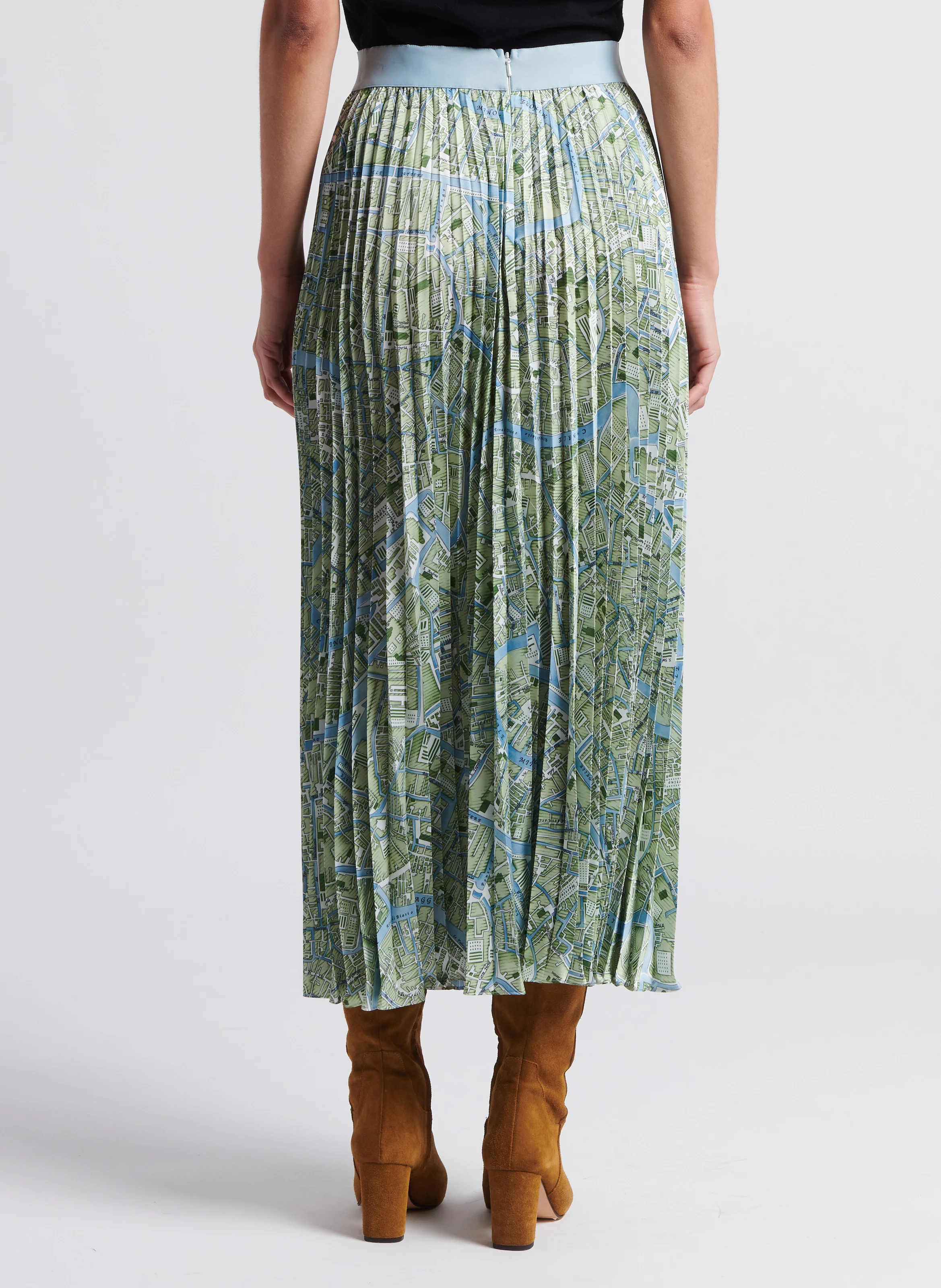 PAGANO - Jupe longue plissée en twill imprimé | Vert