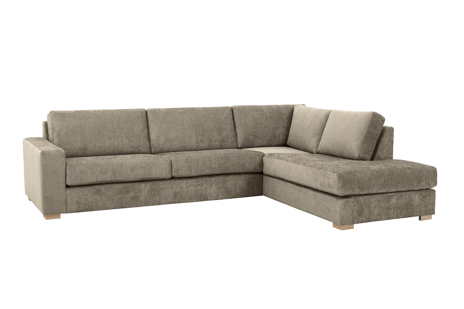 Modern Living hjørnesofa 3-seter med åpen ende høyre i tekstil Movie 13/1 Light Khaki med arm A og ben 1 hvitvasket eik. Faste puter
